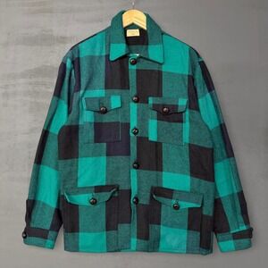 Vintage Handmade Wool Field Jacket 60s Shacket Green Black Buffalo Plaid Large